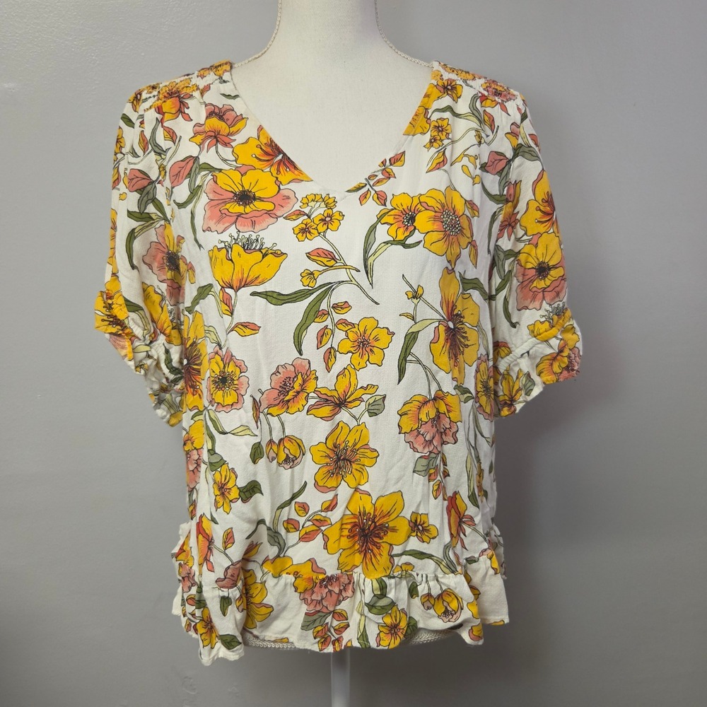Lucky Brand Womens Yellow Floral V-Neck Ruffle Hem Short Sleeve Blouse L